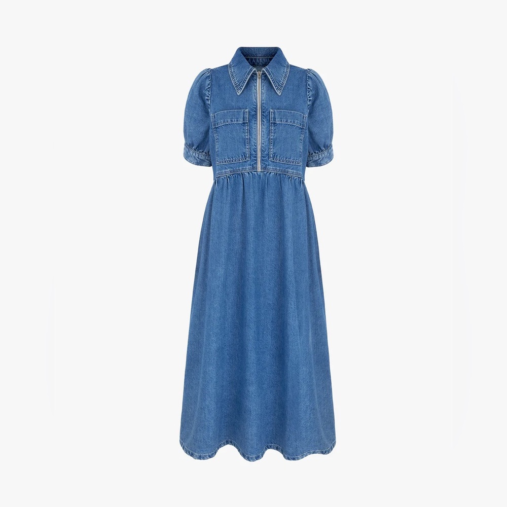 Denim Midi Dress with Puff Sleeves and Zip Front